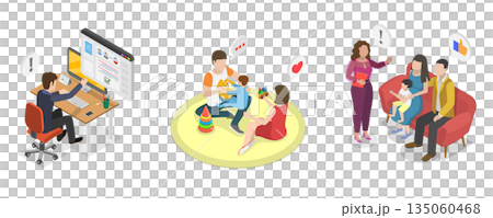 3D Isometric Flat  Illustration of Secure Environment for Children, Happy Adoptive Family With Child 135060468