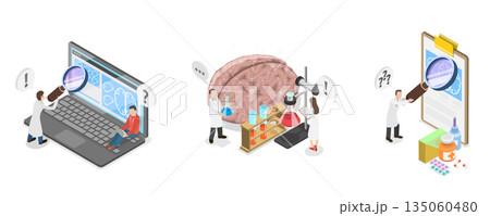 3D Isometric Flat  Illustration of Brain Neurological Health, Concept Of Research In Neurology Science 135060480