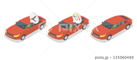 3D Isometric Flat  Illustration of Road Safety, Depicting Abstract Concepts Related To Safe Car Driving 135060489