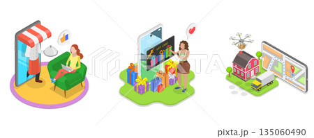3D Isometric Flat  Illustration of Digital Gift Voucher, Online Shopping and Global Delivery 135060490