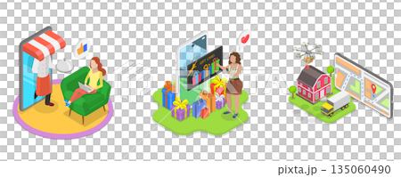 3D Isometric Flat  Illustration of Digital Gift Voucher, Online Shopping and Global Delivery 135060490