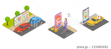 3D Isometric Flat Illustration of Renting a Car Using a Mobile Application, Rideshare Company Services 3D Isometric Flat Illustration of Renting a Car Using a Mobile Application, Rideshare Company Services 135060492