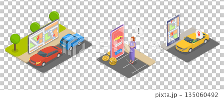3D Isometric Flat Illustration of Renting a Car Using a Mobile Application, Rideshare Company Services 3D Isometric Flat Illustration of Renting a Car Using a Mobile Application, Rideshare Company Services 135060492