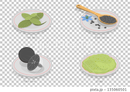 3D Isometric Flat  Illustration of Spice Herbs Seasoning Traditional Culinary Cooking Ingredients, Exotic Spices Set 135060501