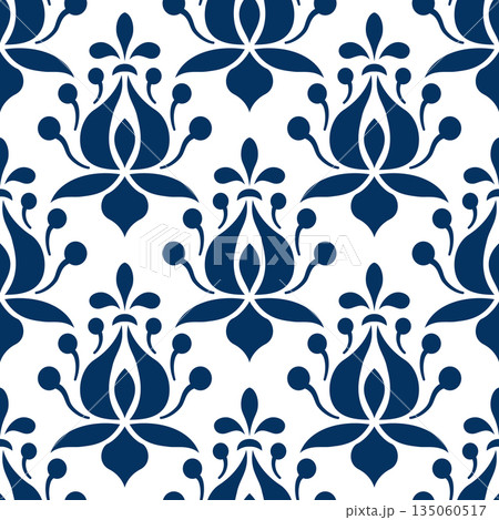Vintage damask floral ornamental seamless pattern. Dark royal blue plant element on white background. Ethnic floral ornament Vintage damask floral ornamental seamless pattern. Dark royal blue plant element on white background. Ethnic floral ornament 135060517