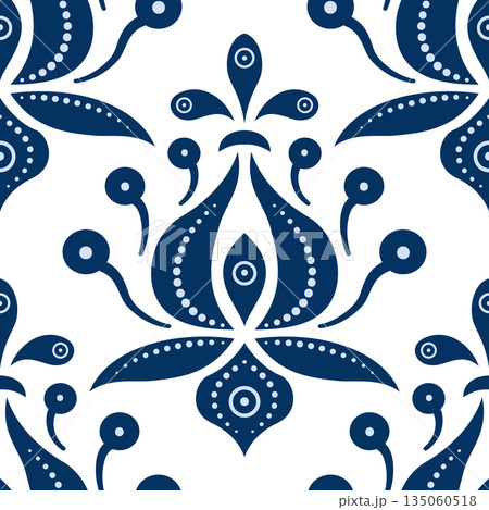 Vintage damask floral isolated seamless pattern. Dark royal blue plant element on white background. Ethnic floral vector illustration Vintage damask floral isolated seamless pattern. Dark royal blue plant element on white background. Ethnic floral vector illustration 135060518