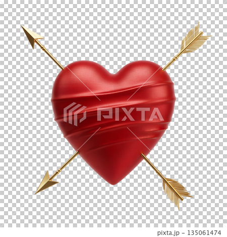 Romantic heart pierced by golden arrows of love, isolated on transparent background. Ideal for valentine's day, romance, and passionate concepts Romantic heart pierced by golden arrows of love, isolated on transparent background. Ideal for valentine's day, romance, and passionate concepts 135061474