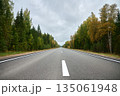 An asphalt road in an autumn forest stretches into the distance 135061948