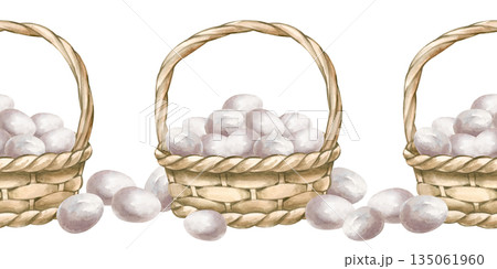 Seamless border with wicker baskets filled with white eggs. Watercolor Easter illustration in natural colors on an isolated background. A realistic template for the design of farm products. 135061960