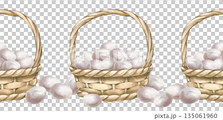 Seamless border with wicker baskets filled with white eggs. Watercolor Easter illustration in natural colors on an isolated background. A realistic template for the design of farm products. 135061960