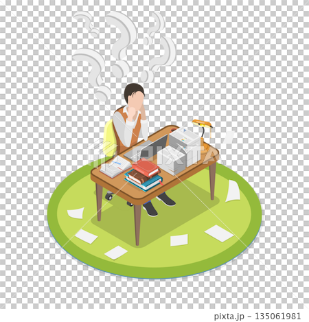 3D Isometric Flat Illustration of Dilemma, Contemplative Man Studying At Desk, Pondering Solutions To Problems 3D Isometric Flat Illustration of Dilemma, Contemplative Man Studying At Desk, Pondering Solutions To Problems 135061981