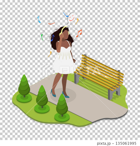 3D Isometric Flat  Illustration of Online Audio Library, Concept Of Enjoying Music Through Headphones, A Love For Sounds And Listening 135061995