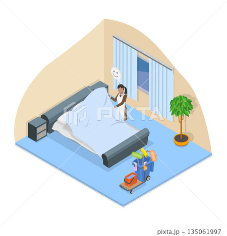 3D Isometric Flat  Illustration of Hotel Room Cleaning Service, Maid Changing Bedding 135061997