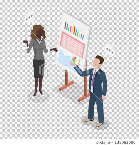 3D Isometric Flat  Illustration of Informative Presentation, Confident Man Captivates Audience With Informative Presentation Using Diagrams And Gestures 135062000