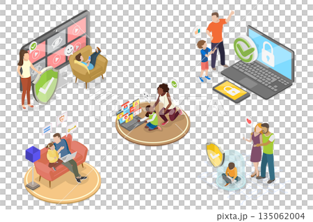 3D Isometric Flat  Illustration of Internet Cyber Safety, Parental Control 135062004