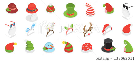 3D Isometric Flat  Illustration of Christmas Holiday Hats, Party Time Hair Accessories 135062011