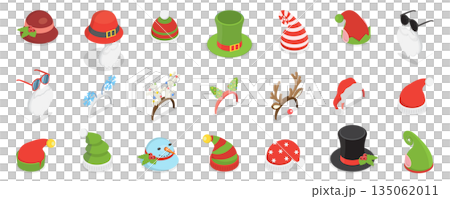 3D Isometric Flat  Illustration of Christmas Holiday Hats, Party Time Hair Accessories 135062011