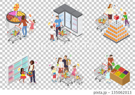 3D Isometric Flat  Illustration of Shoppers at Hypermarket, Family Members Maneuver Through Supermarket, Kids Excited For Treats, Parents Managing Shopping Lists 135062013