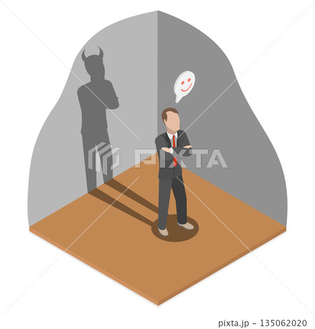 3D Isometric Flat Illustration of Evil Employee, Bold Businessman With Sinister Intentions Crosses Arms Near Shadow With Devil Horns 3D Isometric Flat Illustration of Evil Employee, Bold Businessman With Sinister Intentions Crosses Arms Near Shadow With Devil Horns 135062020