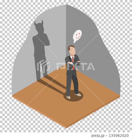 3D Isometric Flat  Illustration of Evil Employee, Bold Businessman With Sinister Intentions Crosses Arms Near Shadow With Devil Horns 135062020