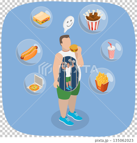 3D Isometric Flat  Illustration of Obesity and Overweight Problem, Unhealthy Diet and Junk Food 135062023