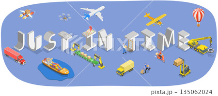 3D Isometric Flat Illustration of JIT Manufacturing, Timely Arrival Of Components And Materials As Per Just In Time Concept 3D Isometric Flat Illustration of JIT Manufacturing, Timely Arrival Of Components And Materials As Per Just In Time Concept 135062024