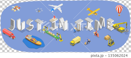 3D Isometric Flat Illustration of JIT Manufacturing, Timely Arrival Of Components And Materials As Per Just In Time Concept 3D Isometric Flat Illustration of JIT Manufacturing, Timely Arrival Of Components And Materials As Per Just In Time Concept 135062024