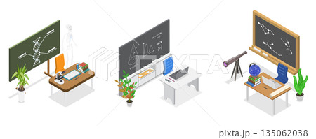 3D Isometric Flat Illustration of Classroom set in School, Learning and Education 3D Isometric Flat Illustration of Classroom set in School, Learning and Education 135062038