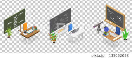 3D Isometric Flat Illustration of Classroom set in School, Learning and Education 3D Isometric Flat Illustration of Classroom set in School, Learning and Education 135062038