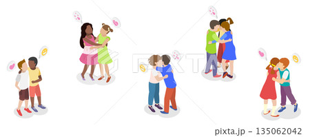 3D Isometric Flat Illustration of Hugging Kids, Kids Friends Embracing In Warm Hug With Innocent Giggles And Genuine Smiles 3D Isometric Flat Illustration of Hugging Kids, Kids Friends Embracing In Warm Hug With Innocent Giggles And Genuine Smiles 135062042