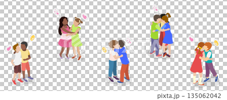 3D Isometric Flat Illustration of Hugging Kids, Kids Friends Embracing In Warm Hug With Innocent Giggles And Genuine Smiles 3D Isometric Flat Illustration of Hugging Kids, Kids Friends Embracing In Warm Hug With Innocent Giggles And Genuine Smiles 135062042