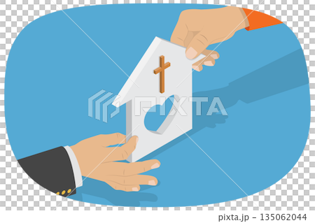 3D Isometric Flat  Illustration of Christianity, Christian Church Model Promotes Catholic Charitable Foundation Helping People In Need 135062044