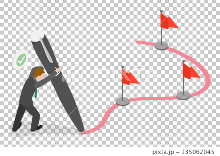 3D Isometric Flat Illustration of Way To Goal, Man Strategizes Future Through Goal-Setting And Progress Mapping To Achieve Big Dreams 3D Isometric Flat Illustration of Way To Goal, Man Strategizes Future Through Goal-Setting And Progress Mapping To Achieve Big Dreams 135062045