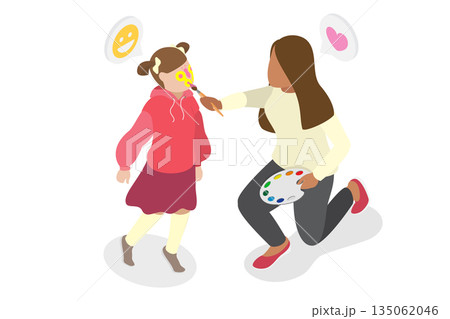 3D Isometric Flat  Illustration of Children Face Makeup, Skillful Woman Animator Creates Magical Butterfly Face Painting For Child 135062046