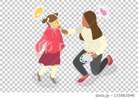 3D Isometric Flat  Illustration of Children Face Makeup, Skillful Woman Animator Creates Magical Butterfly Face Painting For Child 135062046