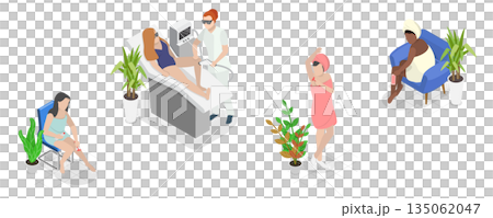 3D Isometric Flat  Illustration of Hair Removal, Young Women Performing Beauty Procedures 135062047