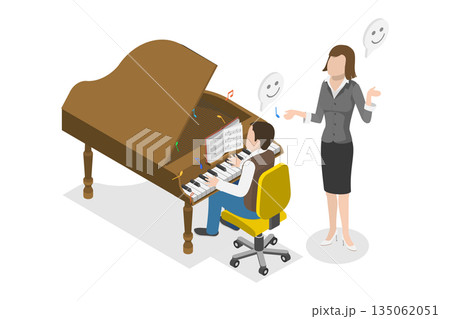 3D Isometric Flat  Illustration of Music Lessons, Educator Teaches Child Music And Instruments. 135062051