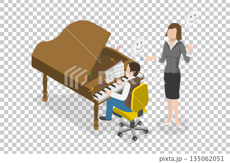 3D Isometric Flat  Illustration of Music Lessons, Educator Teaches Child Music And Instruments. 135062051