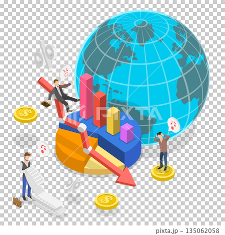3D Isometric Flat  Illustration of Stock Failure, Businesspeople With Financial Problems And A Decreasing Arrow Chart 135062058