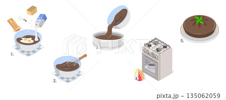 3D Isometric Flat  Illustration of Baking Recipe, Homemade Chocolate Cake to Bake At Home 135062059