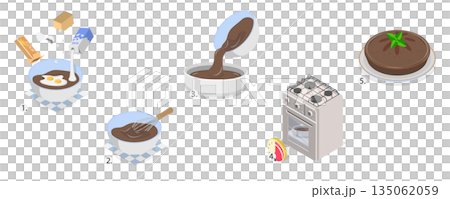 3D Isometric Flat  Illustration of Baking Recipe, Homemade Chocolate Cake to Bake At Home 135062059