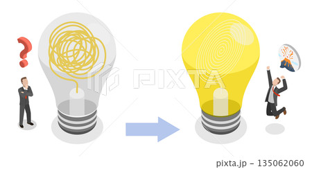 3D Isometric Flat  Illustration of Disorganized To Organized, Comparison Between Functioning And Non-Functioning Light Bulbs. 135062060