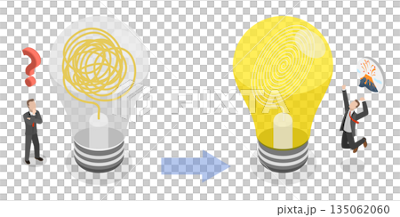 3D Isometric Flat  Illustration of Disorganized To Organized, Comparison Between Functioning And Non-Functioning Light Bulbs. 135062060