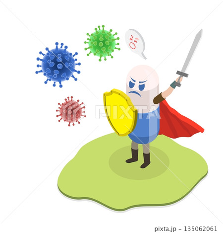 3D Isometric Flat Illustration of Antibiotic, Brave Pill Battles Virus And Bacteria 3D Isometric Flat Illustration of Antibiotic, Brave Pill Battles Virus And Bacteria 135062061