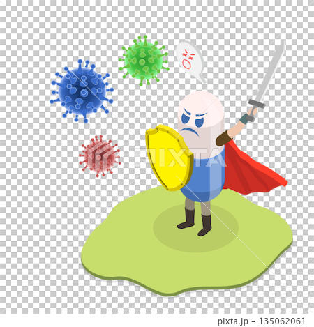 3D Isometric Flat  Illustration of Antibiotic, Brave Pill Battles Virus And Bacteria 135062061