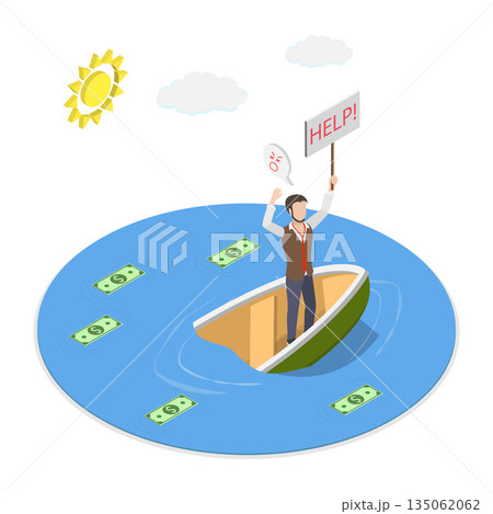 3D Isometric Flat Illustration of Financial Crisis, Entrepreneur On Sinking Ship Seeks Assistance At Sea. 3D Isometric Flat Illustration of Financial Crisis, Entrepreneur On Sinking Ship Seeks Assistance At Sea. 135062062