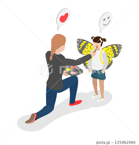 3D Isometric Flat  Illustration of Face Makeup, Skilled Female Animator Transforms ChildS Face Into Butterfly 135062066