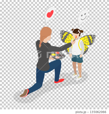 3D Isometric Flat  Illustration of Face Makeup, Skilled Female Animator Transforms ChildS Face Into Butterfly 135062066