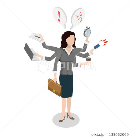 3D Isometric Flat Illustration of Too Much Stress, Multitasking Woman Juggling Tasks 3D Isometric Flat Illustration of Too Much Stress, Multitasking Woman Juggling Tasks 135062069