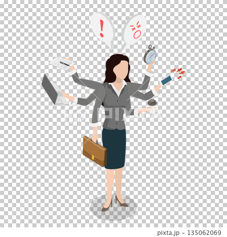 3D Isometric Flat Illustration of Too Much Stress, Multitasking Woman Juggling Tasks 3D Isometric Flat Illustration of Too Much Stress, Multitasking Woman Juggling Tasks 135062069